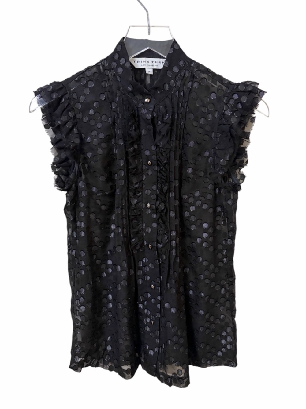 Trina Turk | Sheer Swiss Dot Cap Short Sleeve Black Blouse XXS Whimsigoth